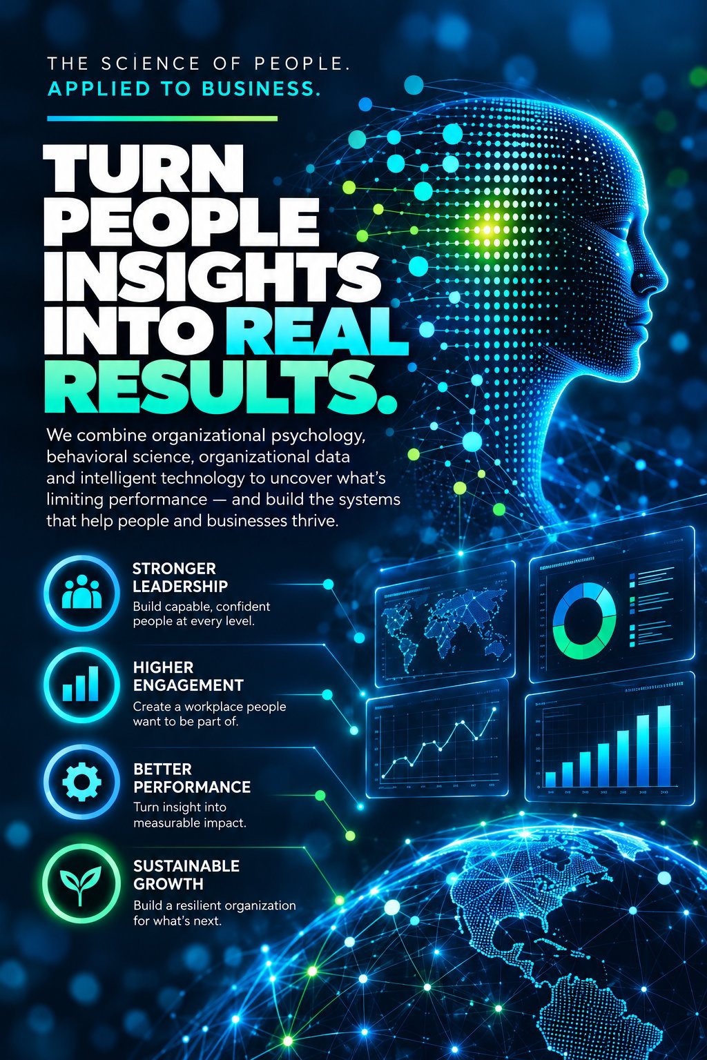 Digital infographic about turning people insights into business results, featuring an illuminated head profile, world map, and data analytics charts with four key business outcomes.