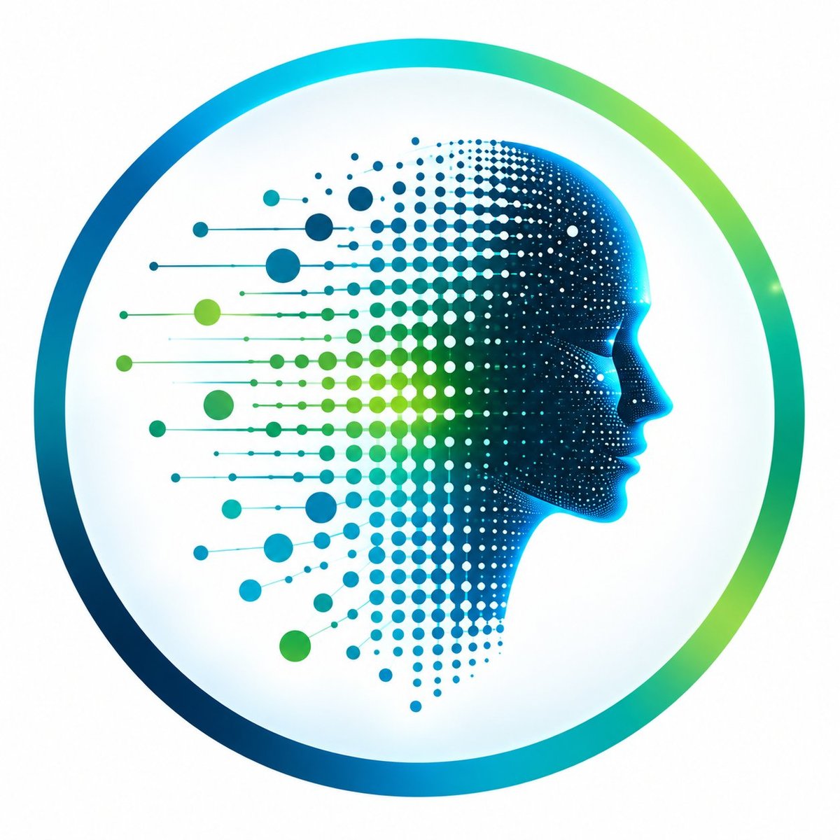 Inspired Workplace icon — circular badge containing a blue and green digital head profile made of dots and lines.